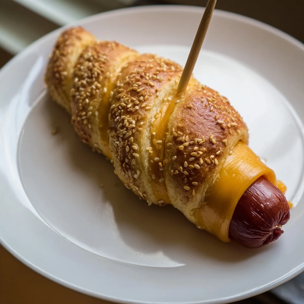 Warm spiral-wrapped Firecracker Hot Dogs Recipe, sesame-speckled, served with ketchup