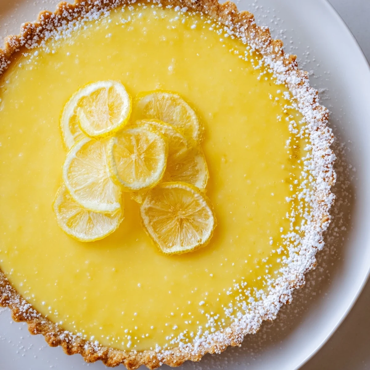 Creamy Lemon Tart Recipe with silky filling and golden buttery crust, powdered sugar