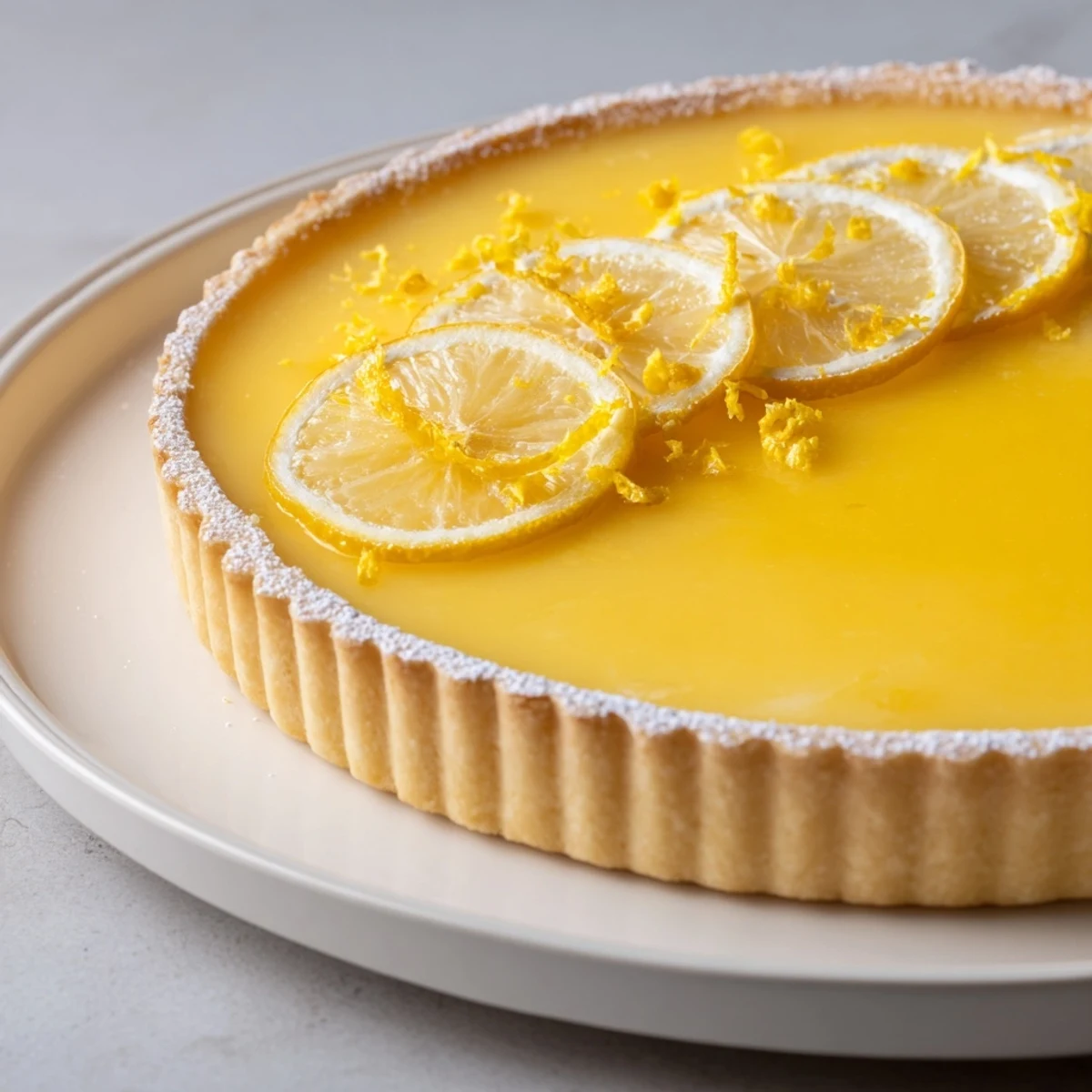 Close-up Creamy Lemon Tart Recipe showing smooth custard, crisp edge, lemon zest