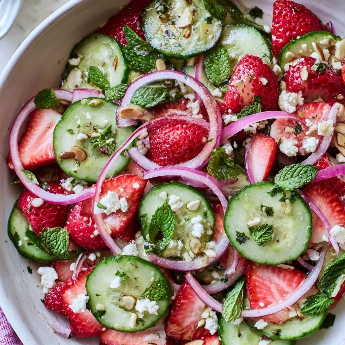 Bright Cucumber Strawberry Salad Recipe tossed in balsamic-honey dressing, served chilled.