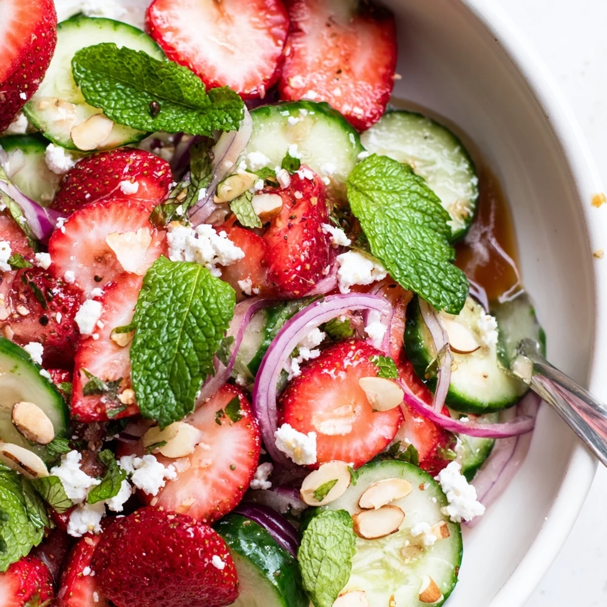 Cucumber Strawberry Salad Recipe with crisp cucumbers, juicy strawberries, mint and feta.