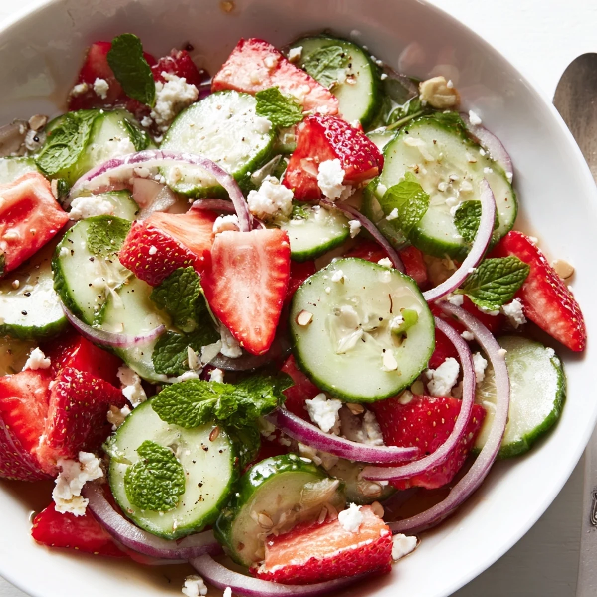 Summer Cucumber Strawberry Salad Recipe nestled on arugula, sprinkled with toasted almonds.