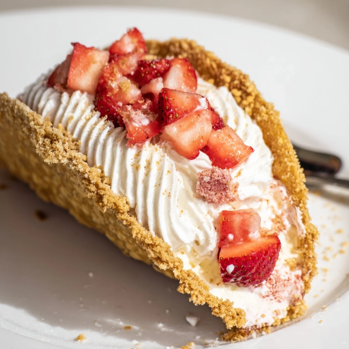 Strawberry Crunch Cheesecake Tacos with creamy filling and fresh diced strawberries.