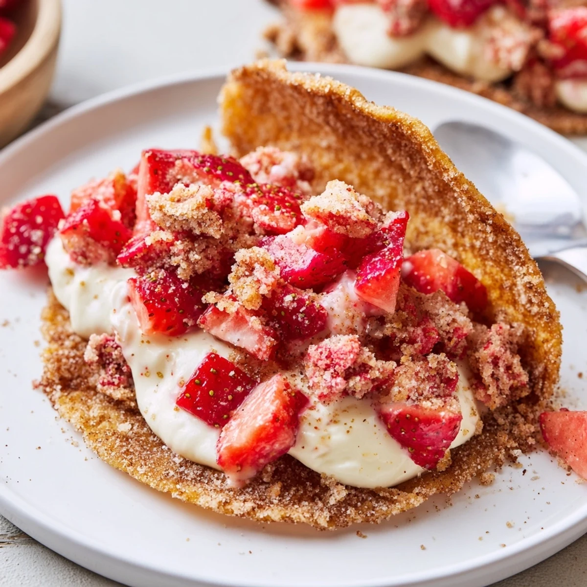 Golden shell Strawberry Crunch Cheesecake Tacos served chilled on a party platter.