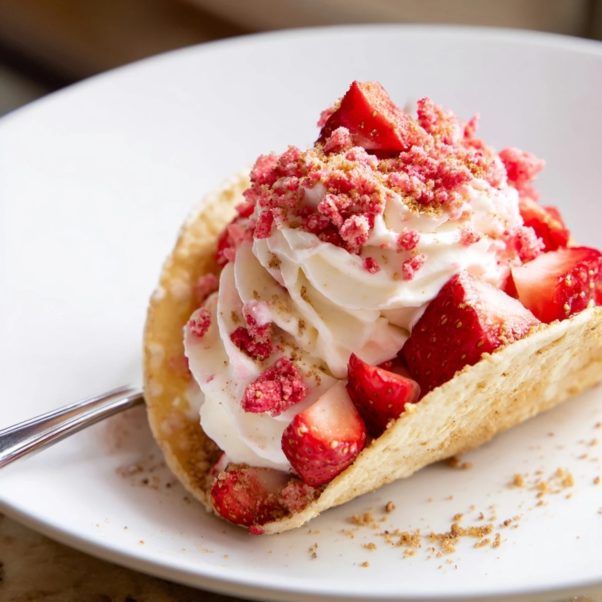 On a wooden board, Strawberry Crunch Cheesecake Tacos rest with crunchy rosy edges.