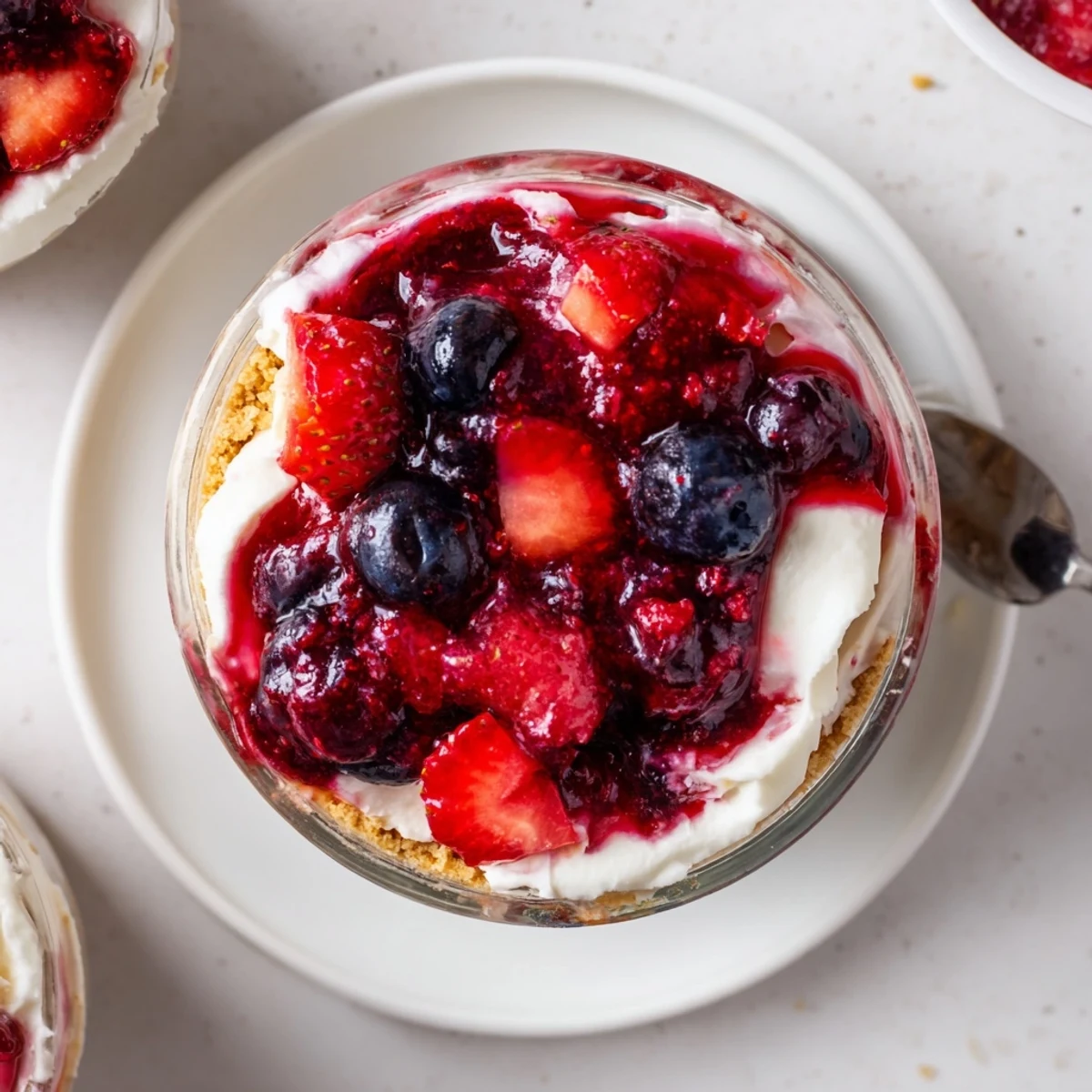 Berry No Bake Cheesecakes with glossy berry compote and crunchy graham crust