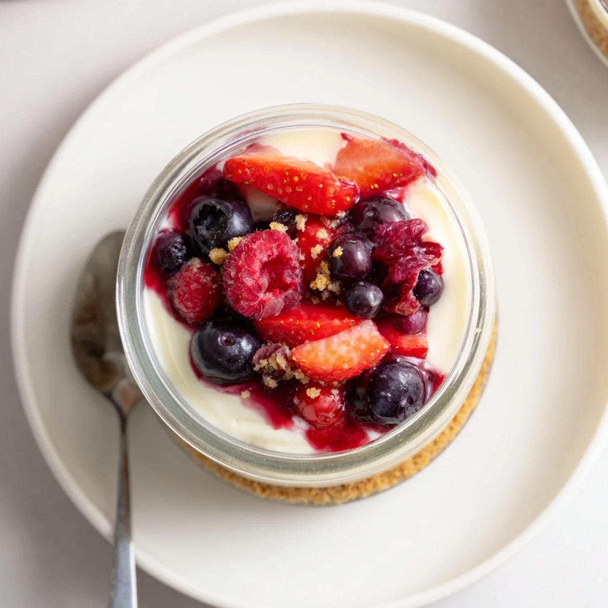 Chilled Berry No Bake Cheesecakes topped with juicy berries, silky tangy filling