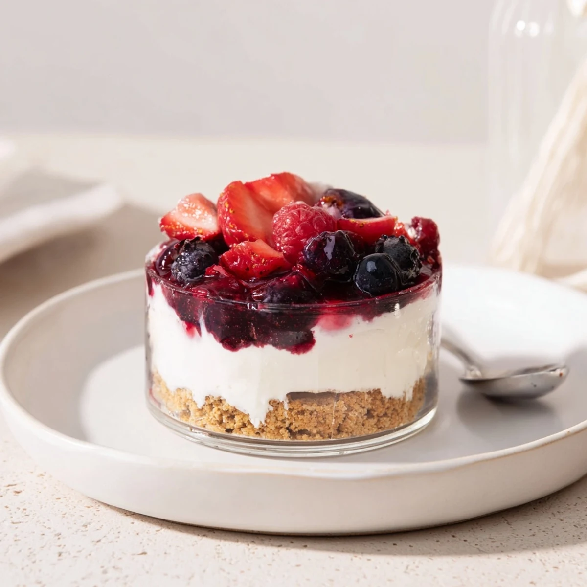 Easy Berry No Bake Cheesecakes chilled overnight, serve with Prosecco or berries