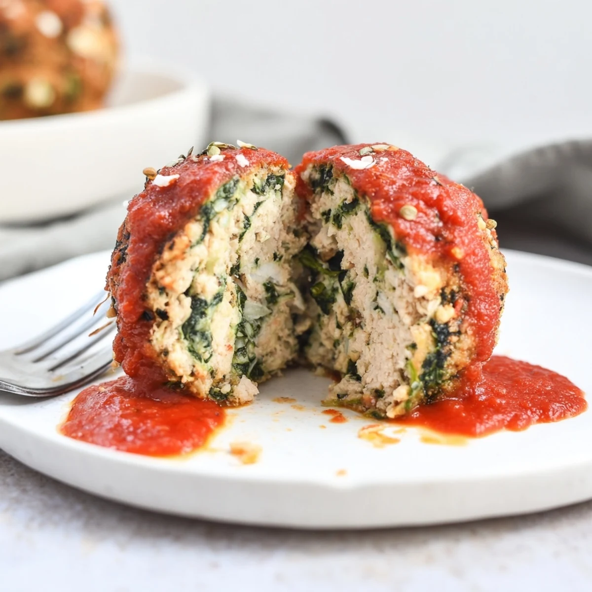 Low Carb Spinach Chicken Meatballs baked golden, juicy interior, flecks of wilted spinach