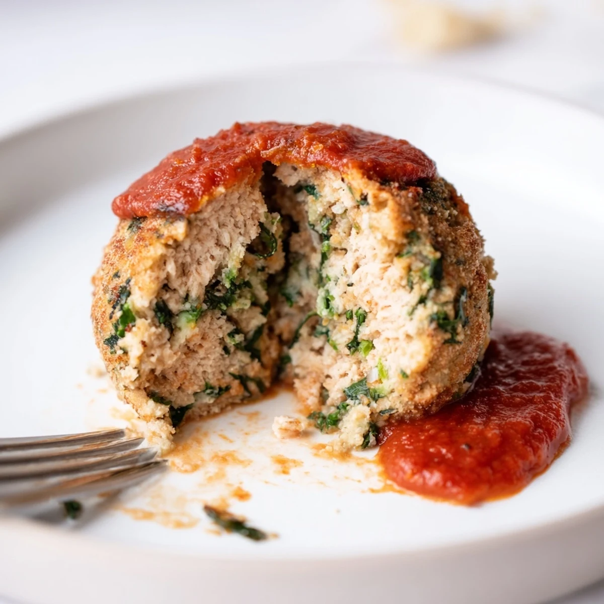 Tray of Low Carb Spinach Chicken Meatballs beside cauliflower rice and marinara sauce