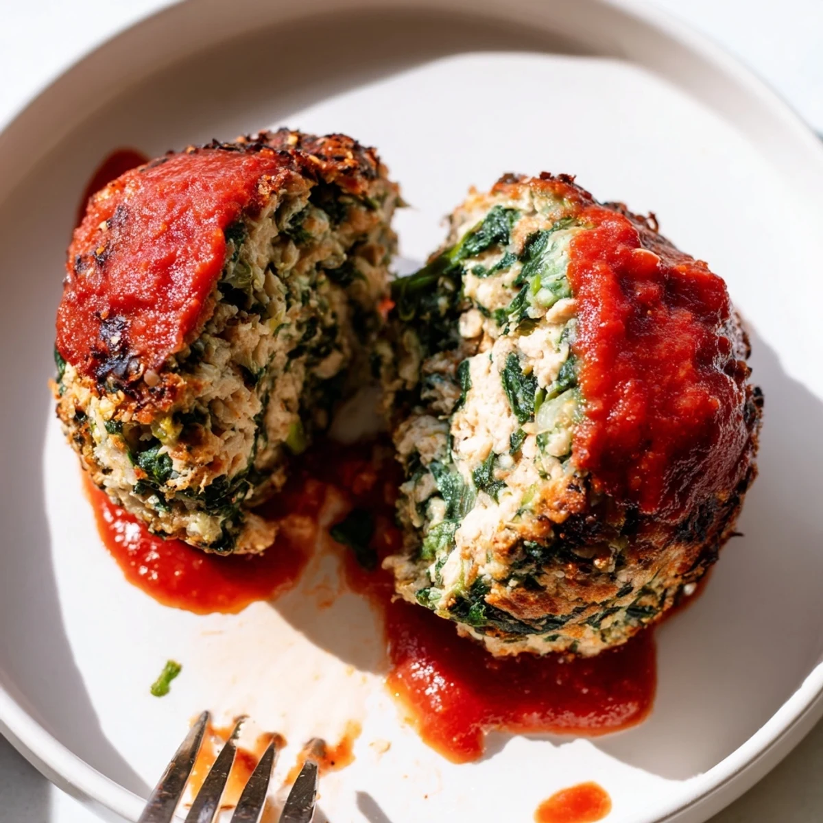 Pan seared Low Carb Spinach Chicken Meatballs, savory garlic aroma, tender moist centers