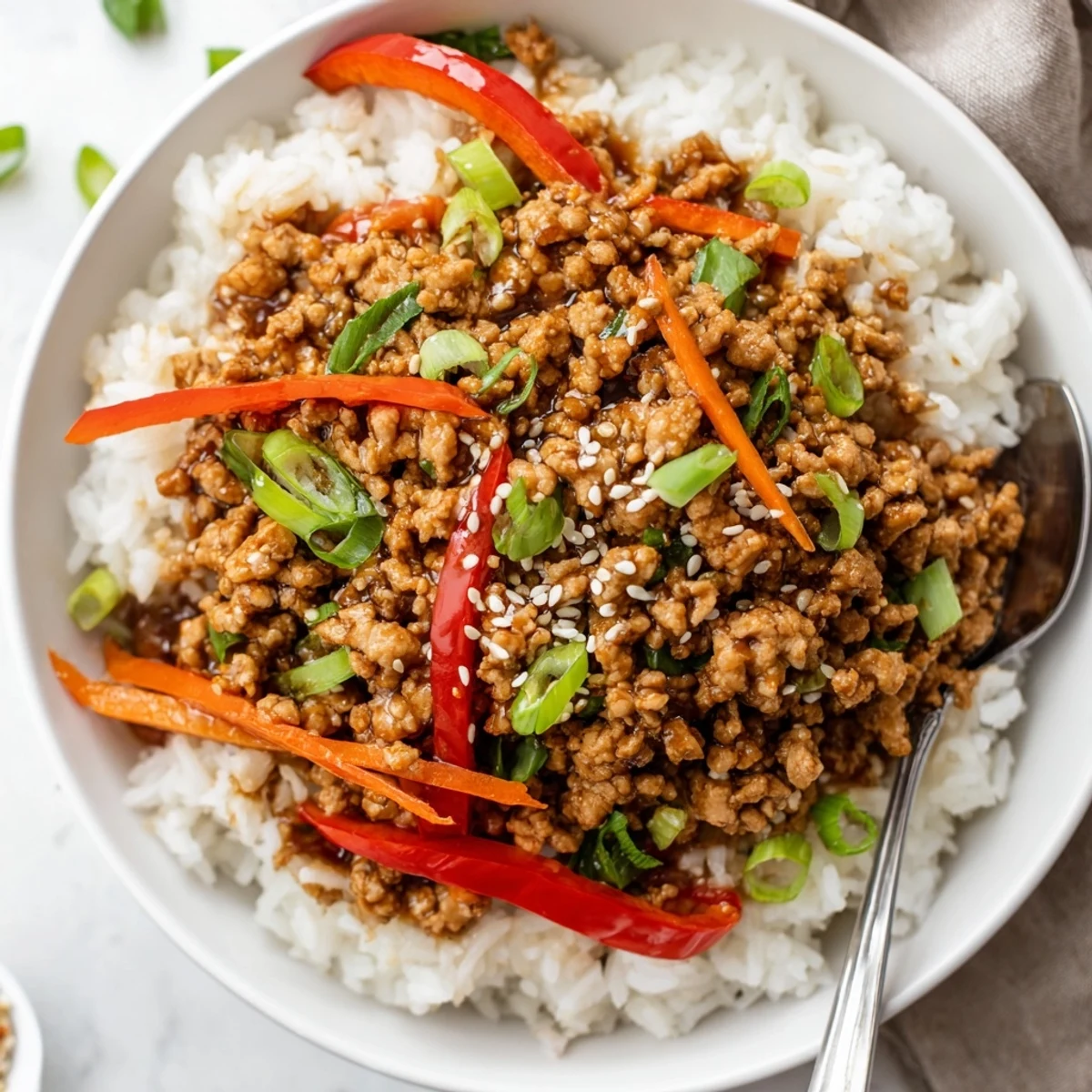 Teriyaki Turkey Rice Bowls with glossy sauce, fluffy rice, crisp colorful vegetables