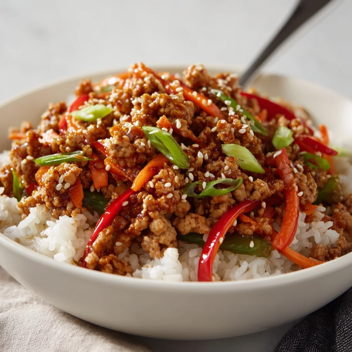 Steaming Teriyaki Turkey Rice Bowls garnished with sesame seeds and sliced scallions