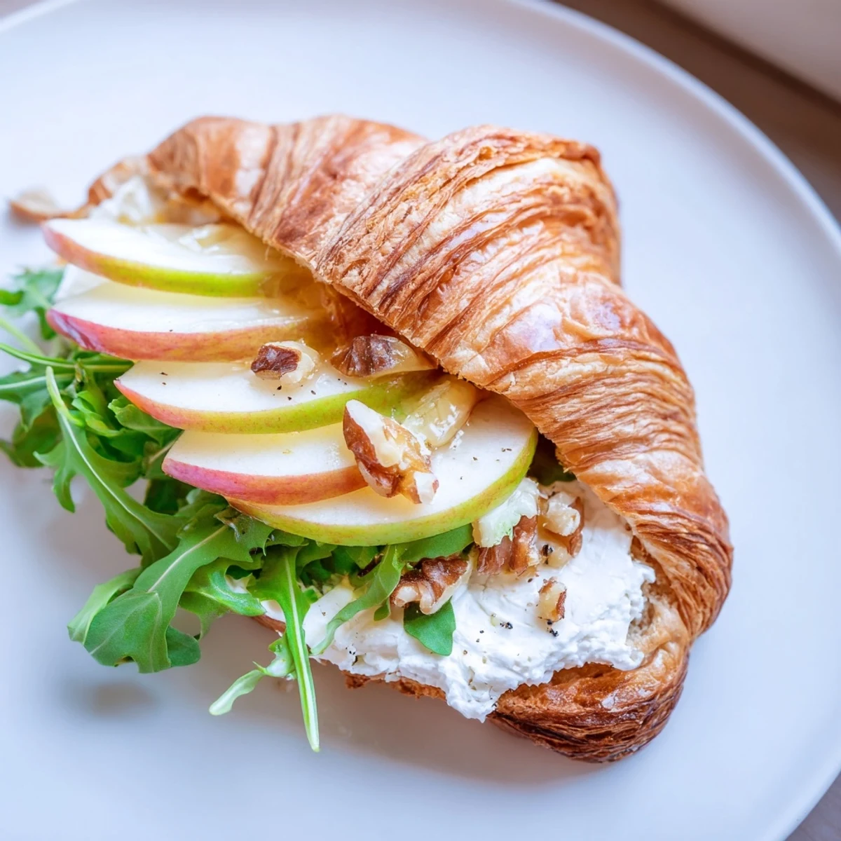 Apple Goat Cheese Croissant Sandwich with creamy spread, crisp apple slices, peppery arugula