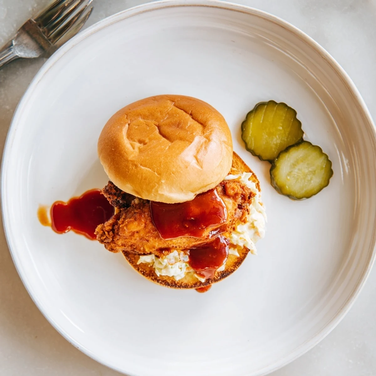 Buttered brioche holding Spicy Nashville Hot Chicken Sandwiches, juicy thighs and creamy slaw