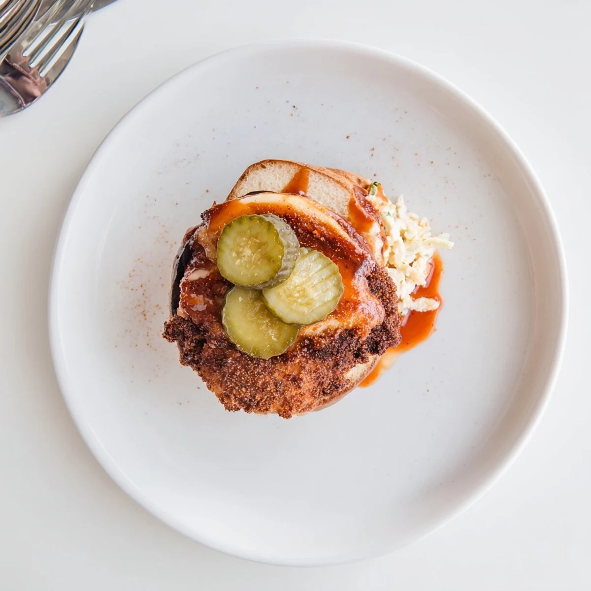 Spicy Nashville Hot Chicken Sandwiches with glossy cayenne glaze, crunchy pickles and slaw