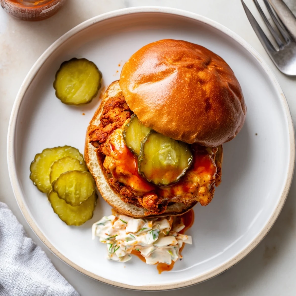 Crispy, fiery Spicy Nashville Hot Chicken Sandwiches served with cold dill pickles, iced tea
