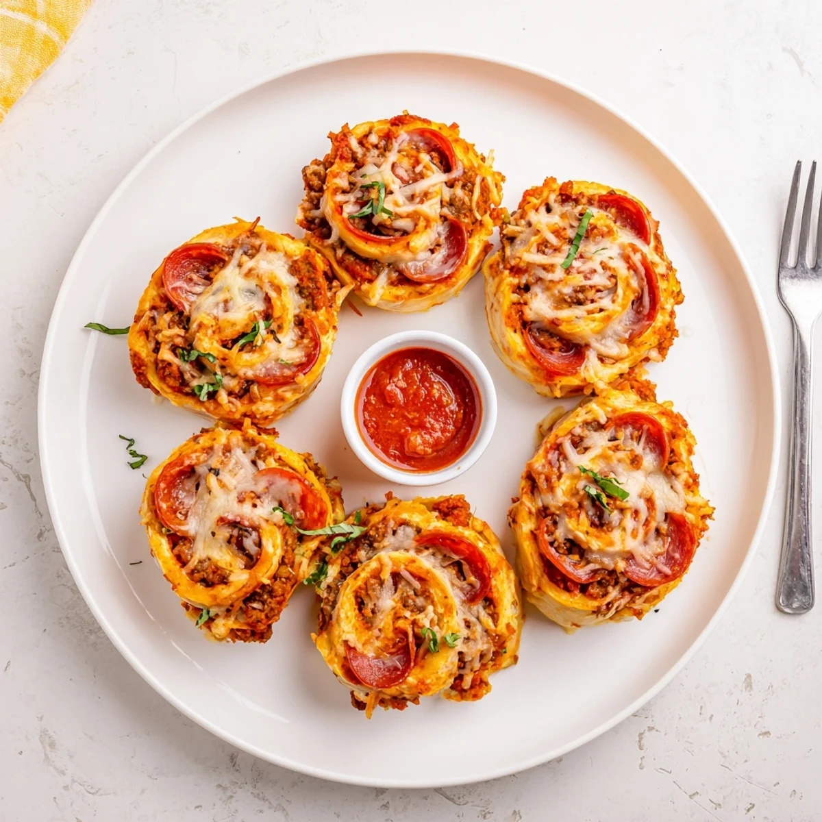 Cheesy Beef Pepperoni Pizza Roll Ups Snack Recipe showing golden baked spirals, gooey cheese