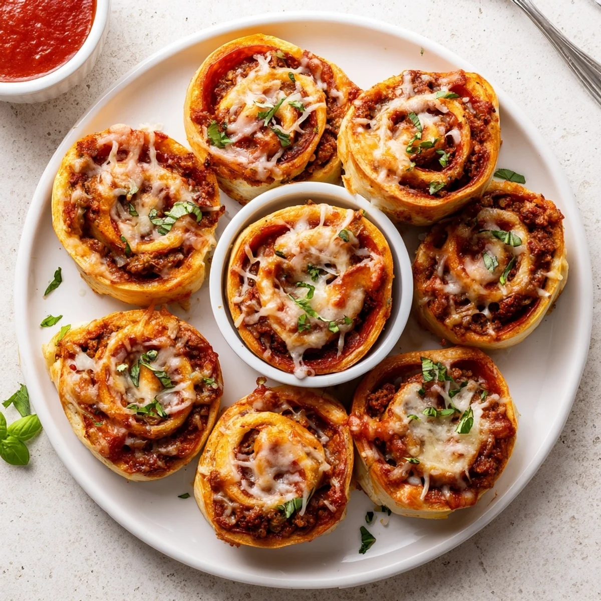 Warm Cheesy Beef Pepperoni Pizza Roll Ups Snack Recipe served with rich pizza sauce