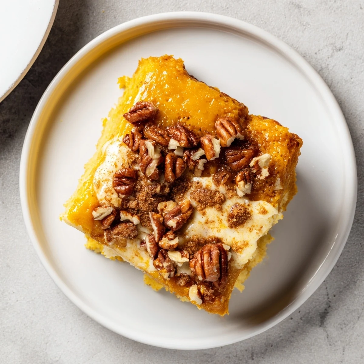 Sliced Pumpkin Dump Cake showing moist pumpkin layer under crunchy buttered cake topping