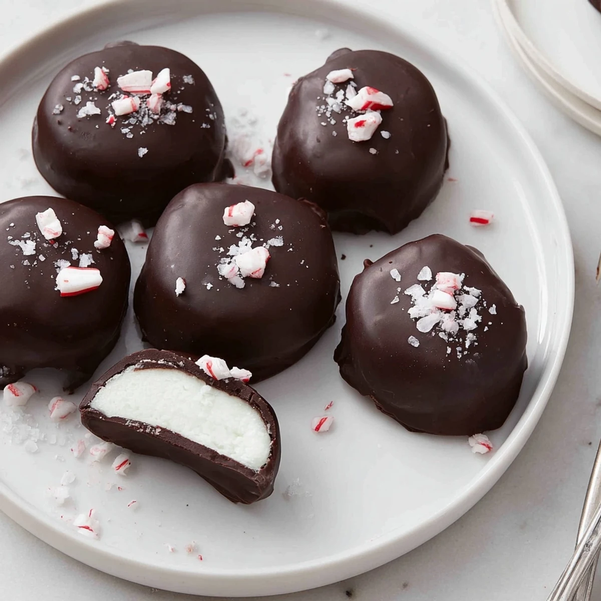 Peppermint Patties stacked on parchment, glossy dark chocolate and minty filling visible