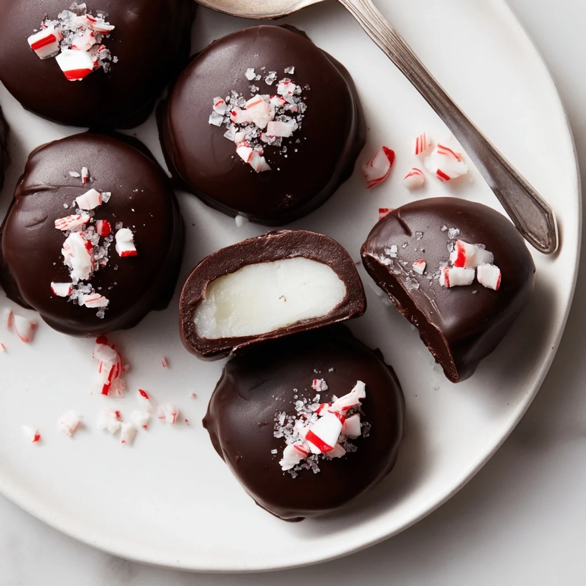 Close-up Peppermint Patties dipped in glossy chocolate, creamy mint center tempting