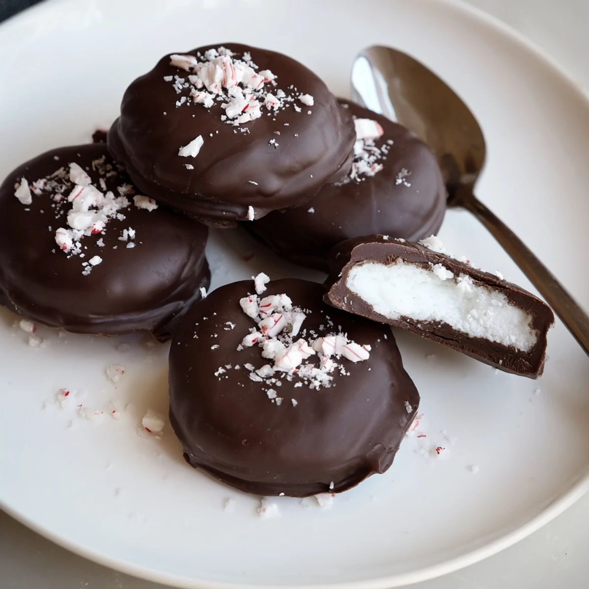 Homemade Peppermint Patties cooling on baking sheet, bright white filling peeking