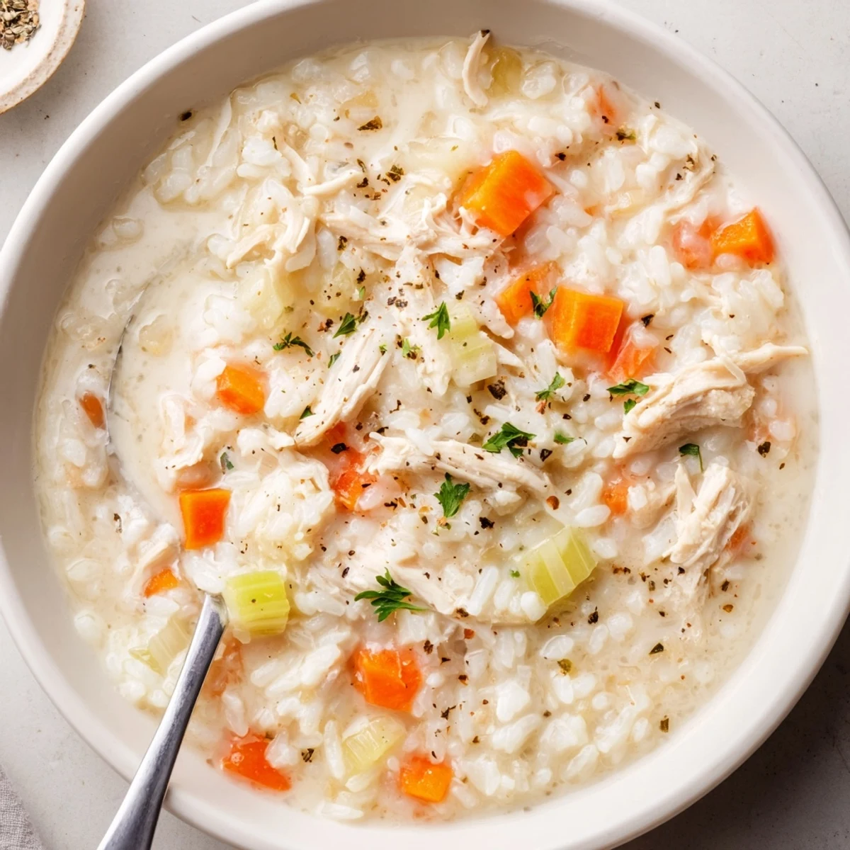 Creamy Chicken Rice Soup spoon lifting velvety broth, rice plump, herbs sprinkled  