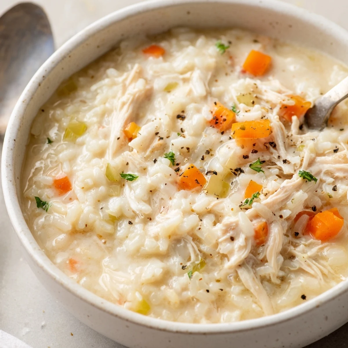 Creamy Chicken Rice Soup steaming in a bowl, tender chicken and vegetables  