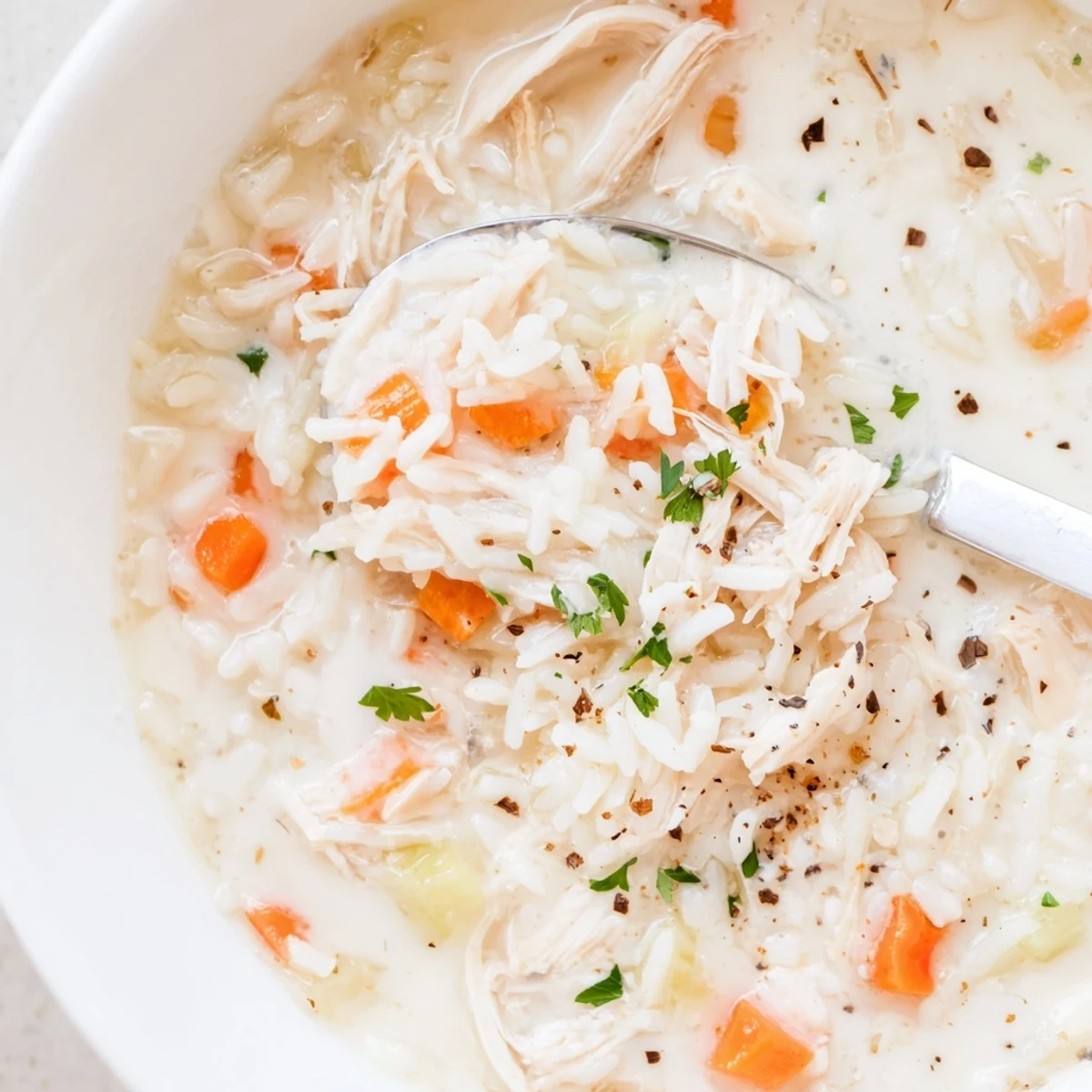 Bowl of Creamy Chicken Rice Soup served with crusty bread and parsley