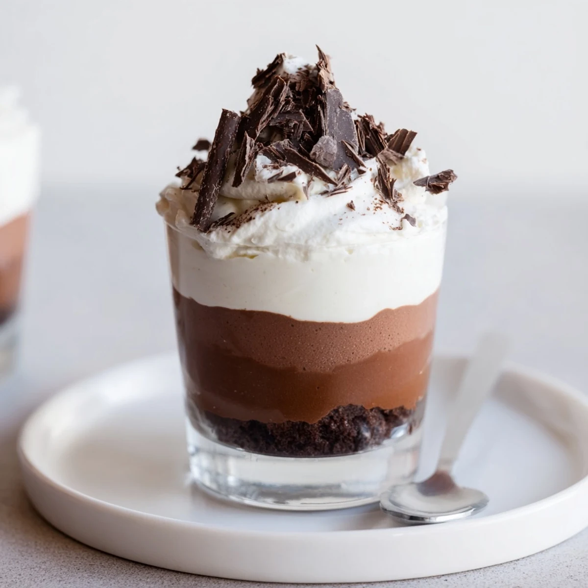 Triple Chocolate Mousse Cups layered in glasses, glossy swirls and cocoa dusting