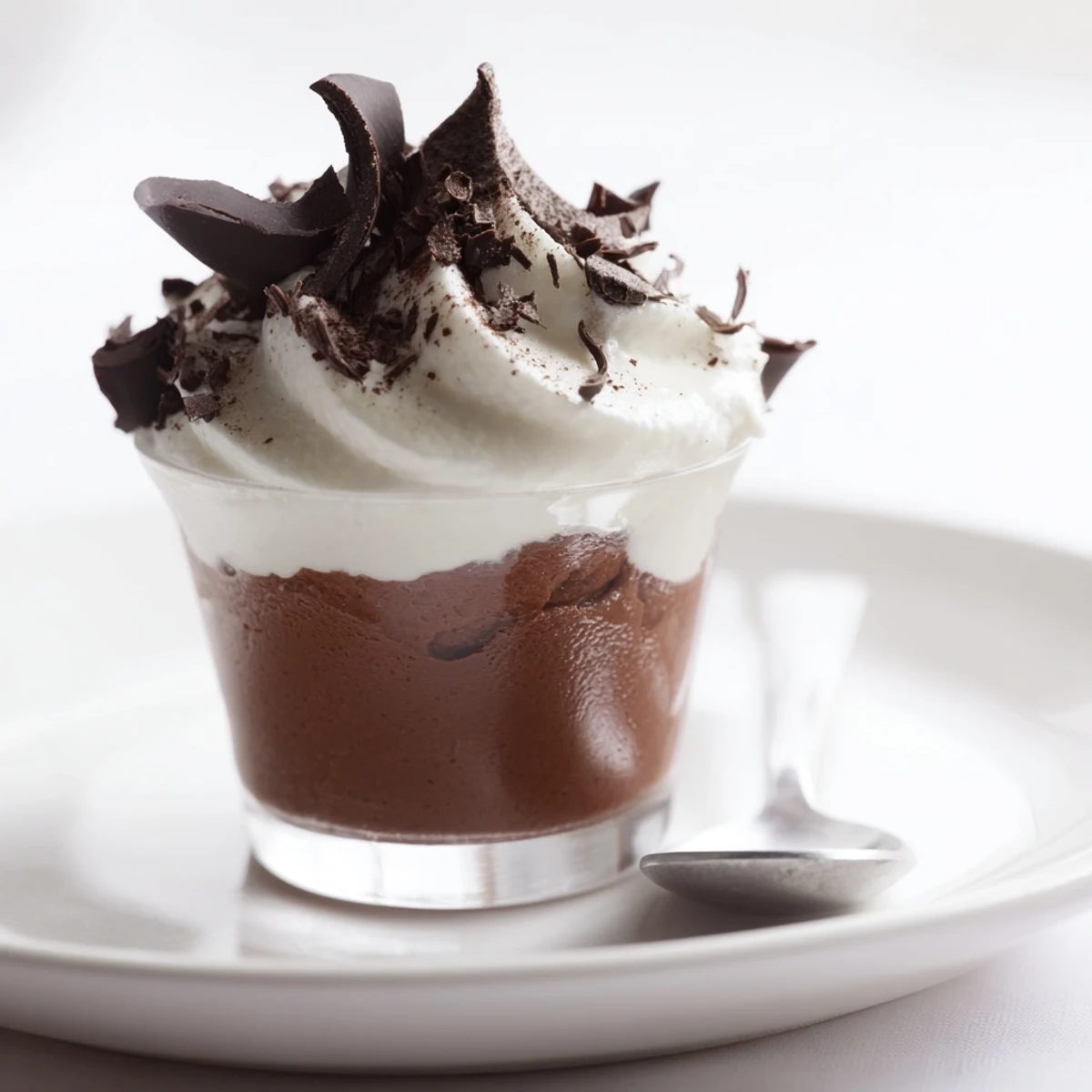 Serve Triple Chocolate Mousse Cups garnished with shaved chocolate, creamy texture visible