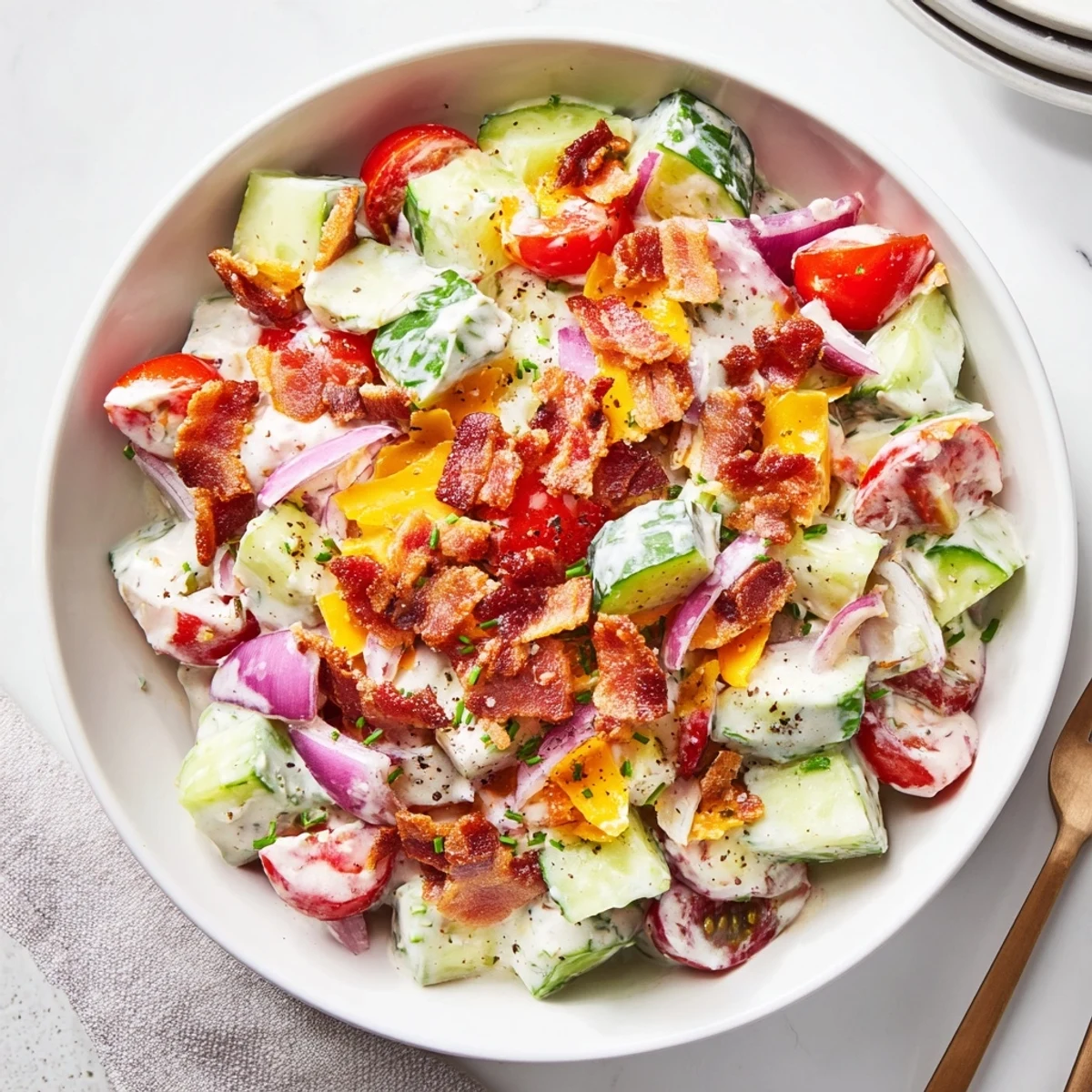 Cucumber Ranch Crack Salad piled in bowl, creamy ranch, crunchy bacon topping.