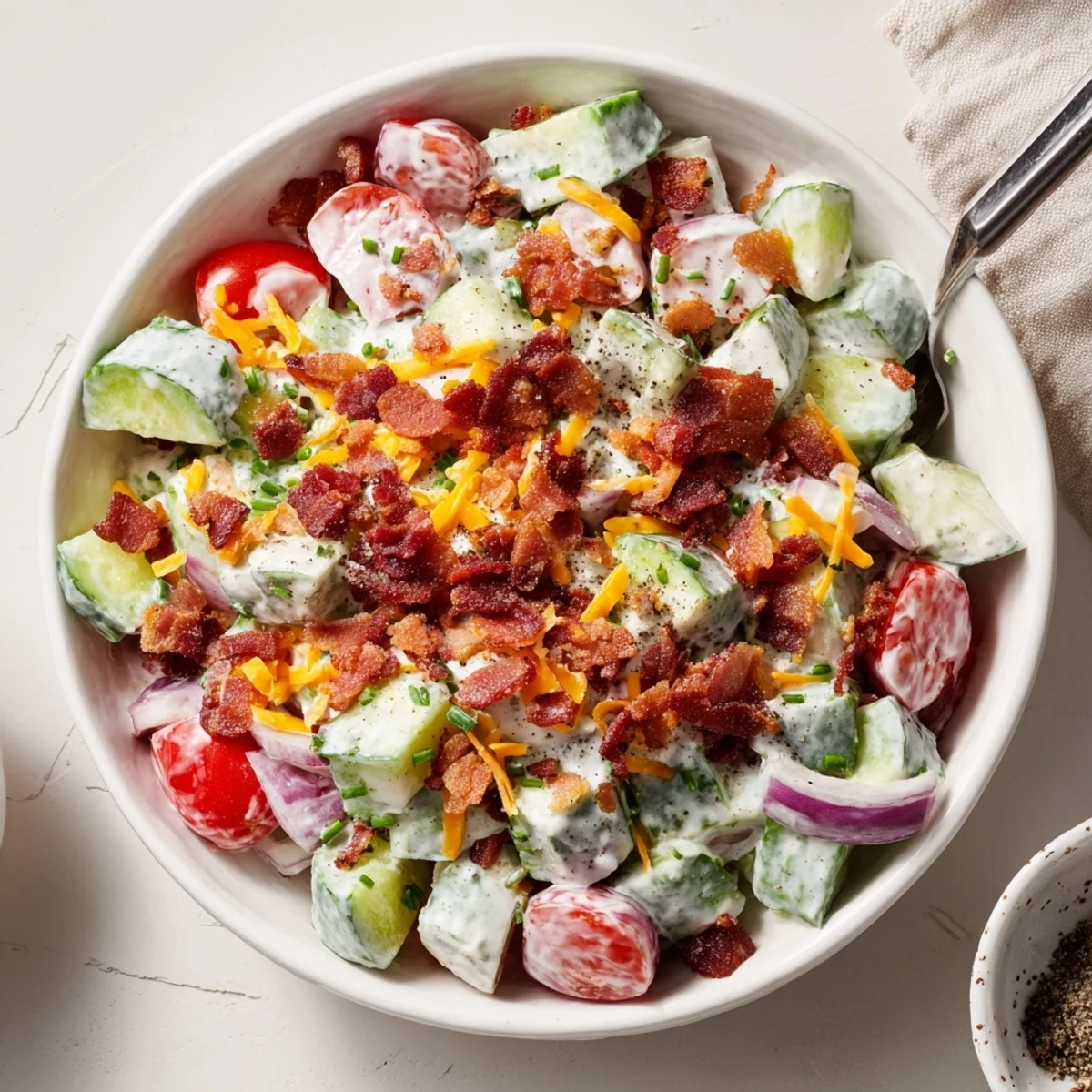 Bright Cucumber Ranch Crack Salad with diced cucumbers, cheddar, chips, chives.