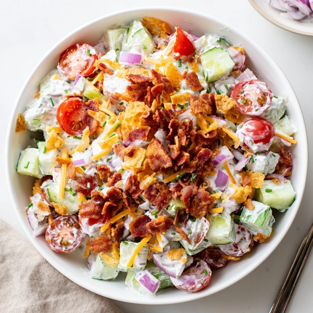 Serve Cucumber Ranch Crack Salad chilled at potlucks, tangy ranch, smoky bacon.
