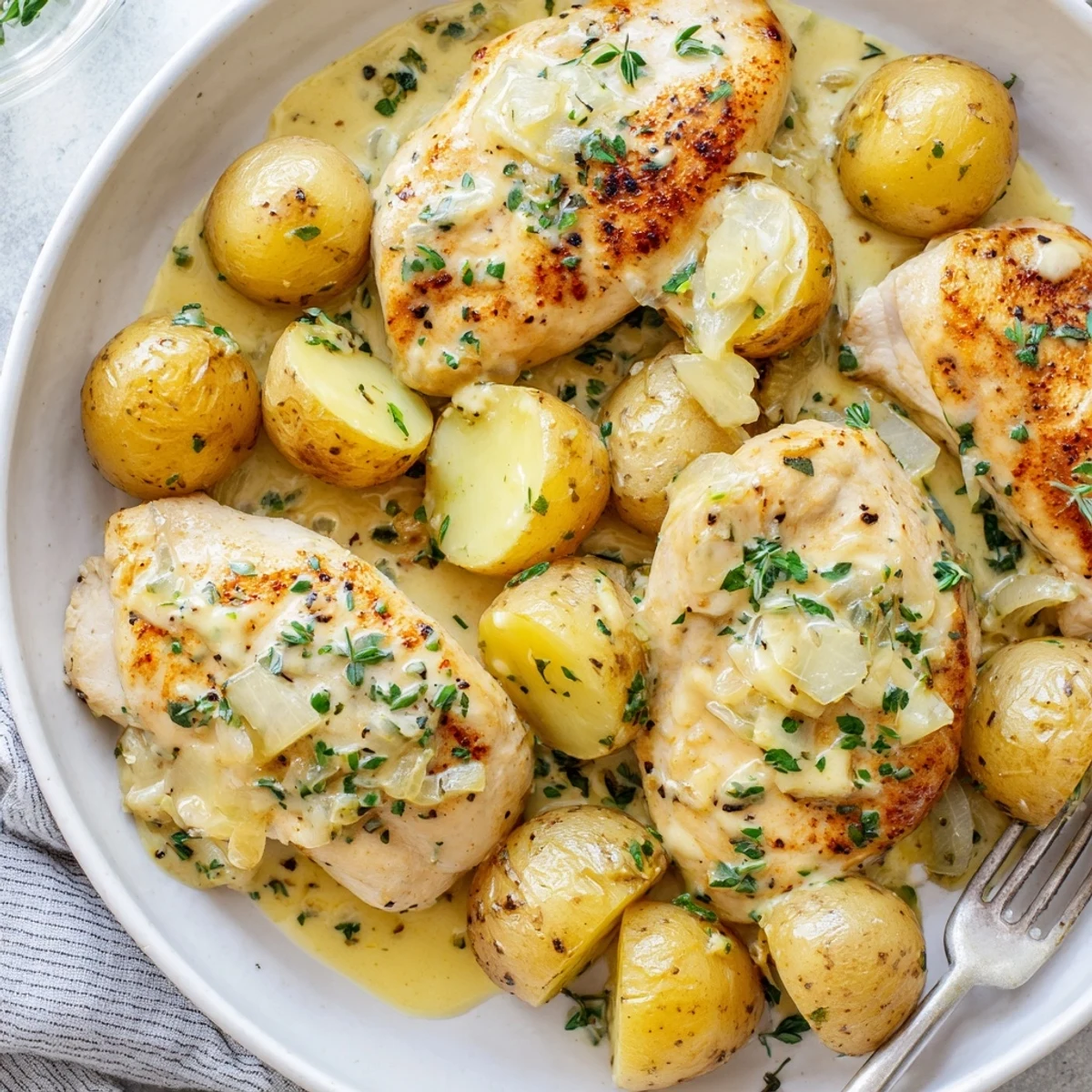 Creamy Herb Chicken Potatoes Recipe golden seared chicken in herb-infused cream sauce