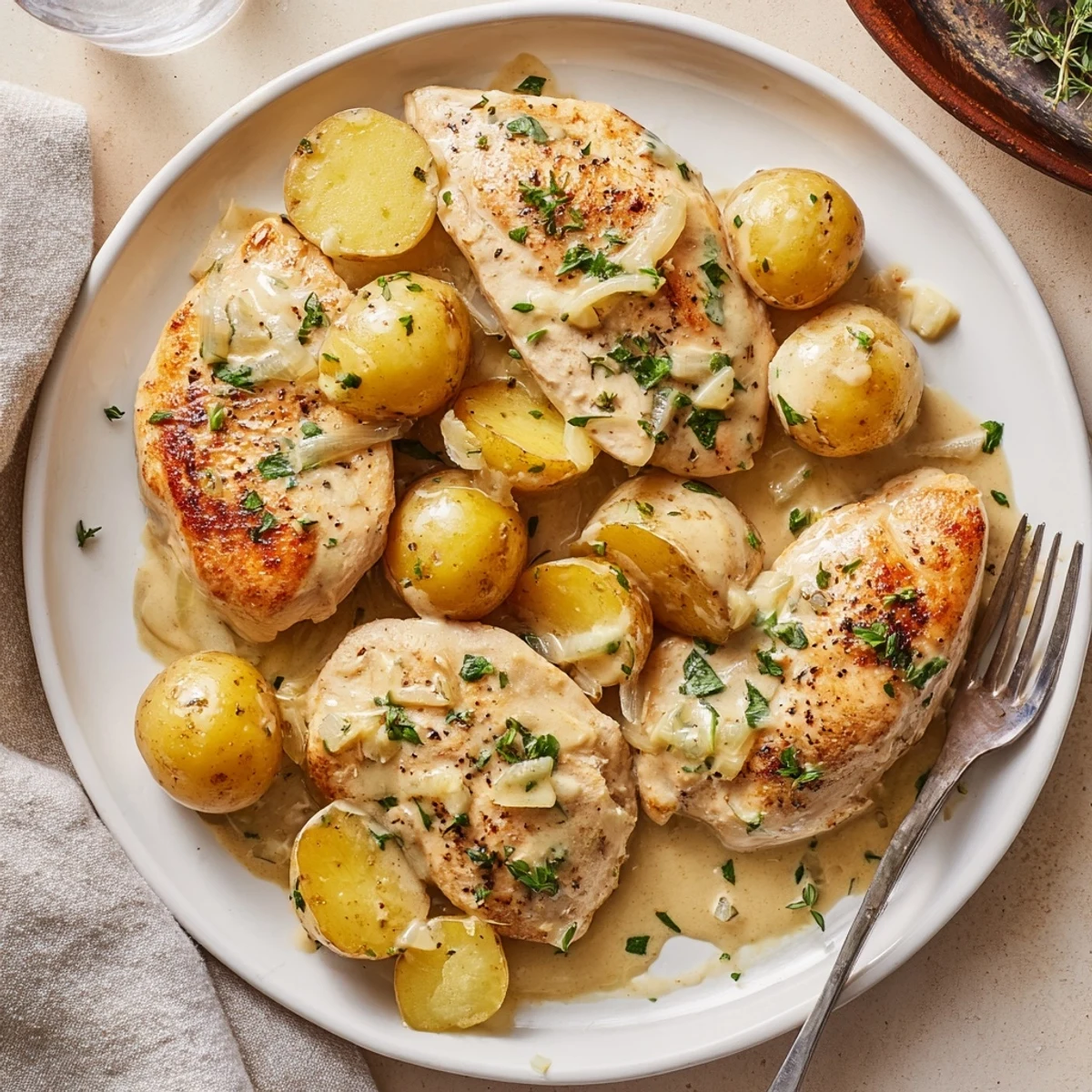 Warm Creamy Herb Chicken Potatoes Recipe served piping hot, sprinkled with parsley