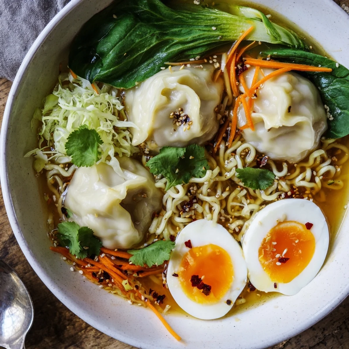 Dumpling Ramen Bowl With Soft Boiled Eggs And Fresh Greens with toasted sesame, cilantro