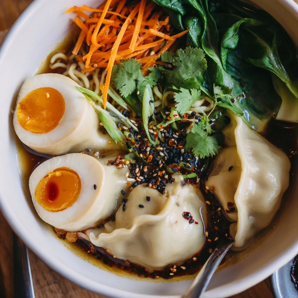 Dumpling Ramen Bowl With Soft Boiled Eggs And Fresh Greens, silky yolks visible