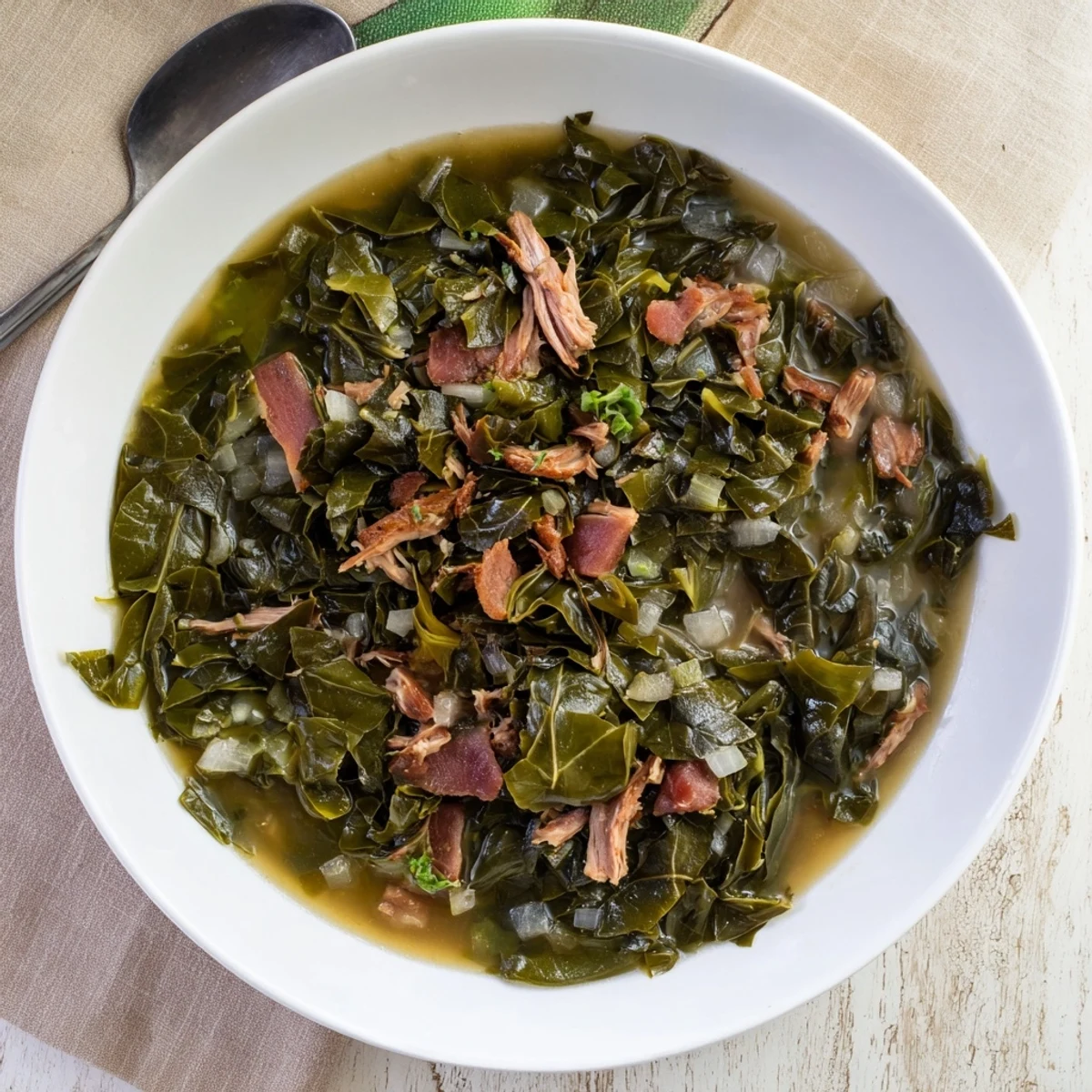 Vibrant green collard greens simmered in aromatic broth served in white ceramic bowl