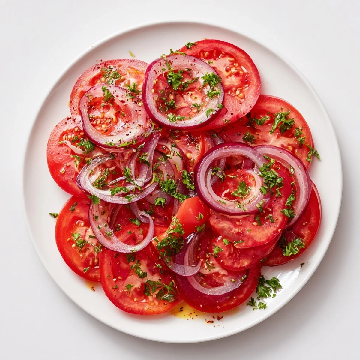 Fresh tomato and onion salad drizzled with olive oil vinaigrette and sprinkled with chopped parsley
