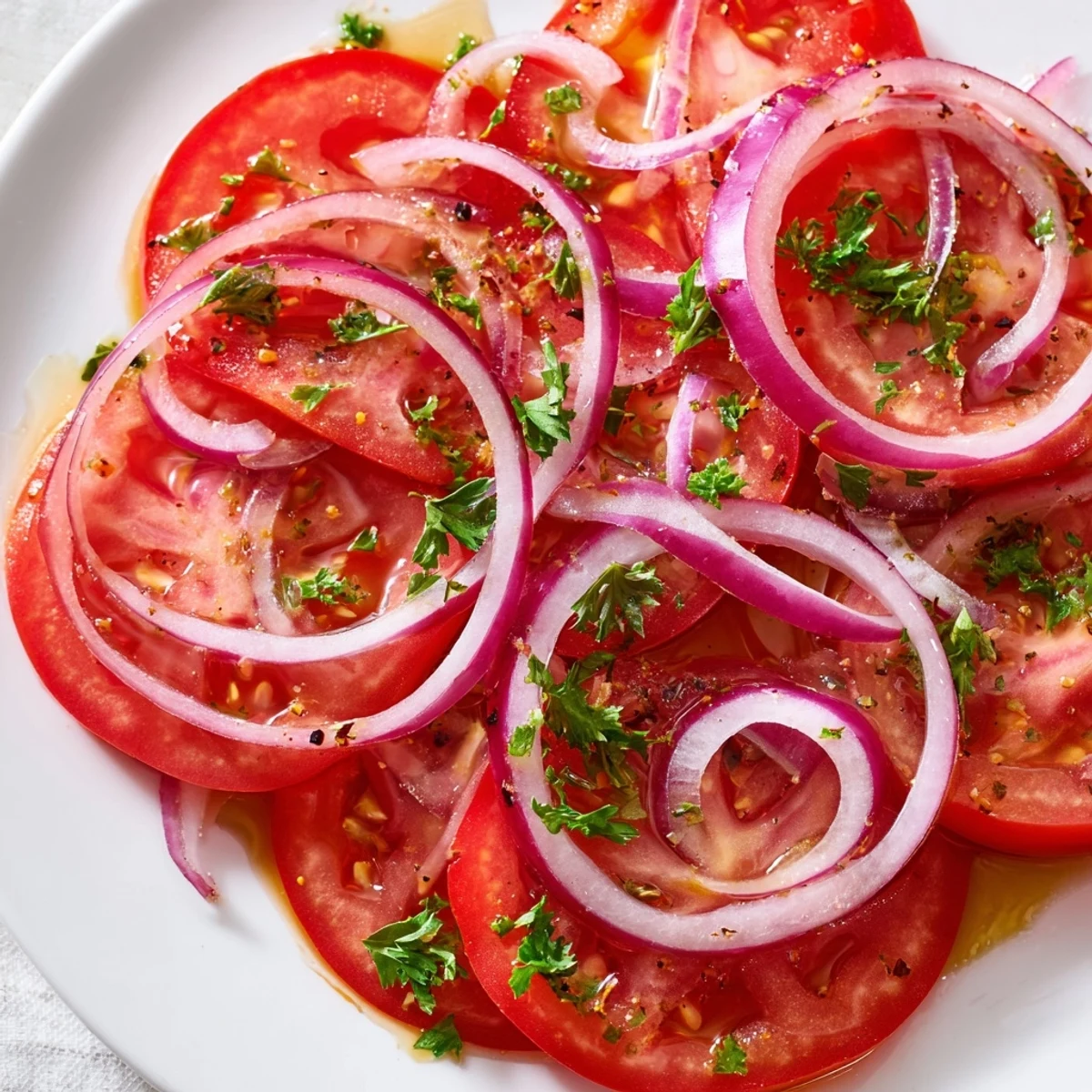 Colorful tomato and onion salad arranged on a white serving plate with light dressing