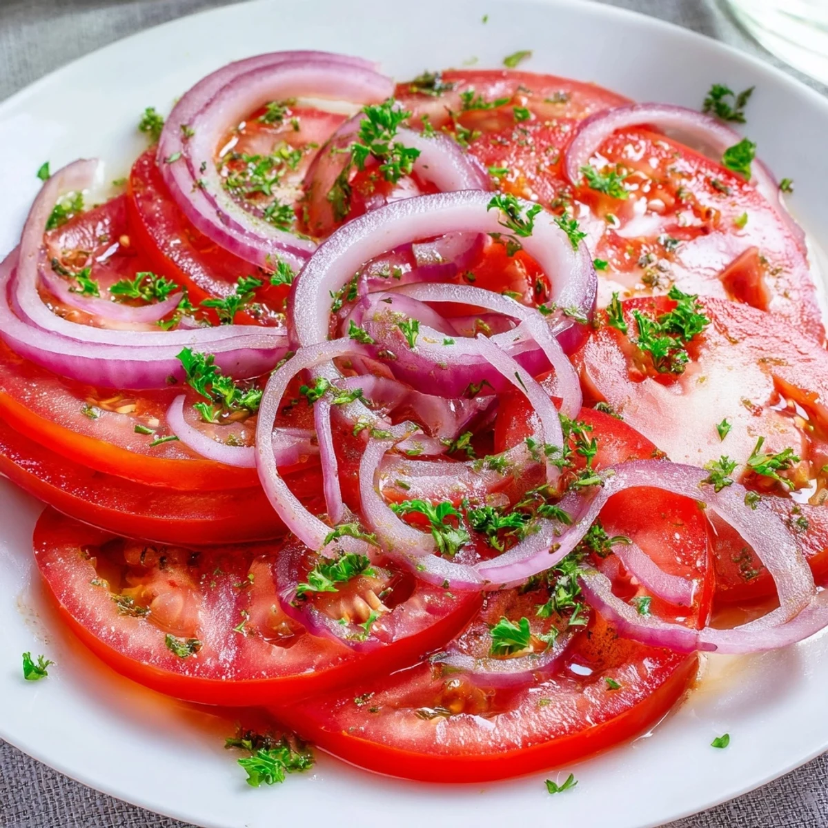 Mediterranean-style tomato and onion salad featuring ripe red slices and crisp red onion rings