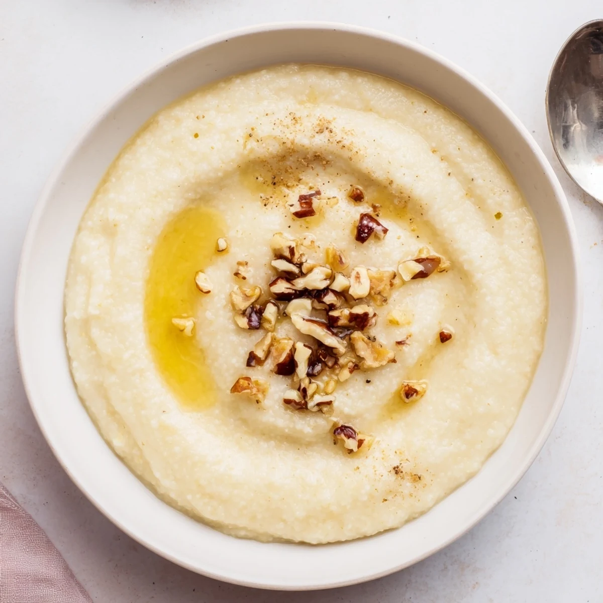 Golden bowl of creamy maize porridge topped with honey and chopped nuts for breakfast