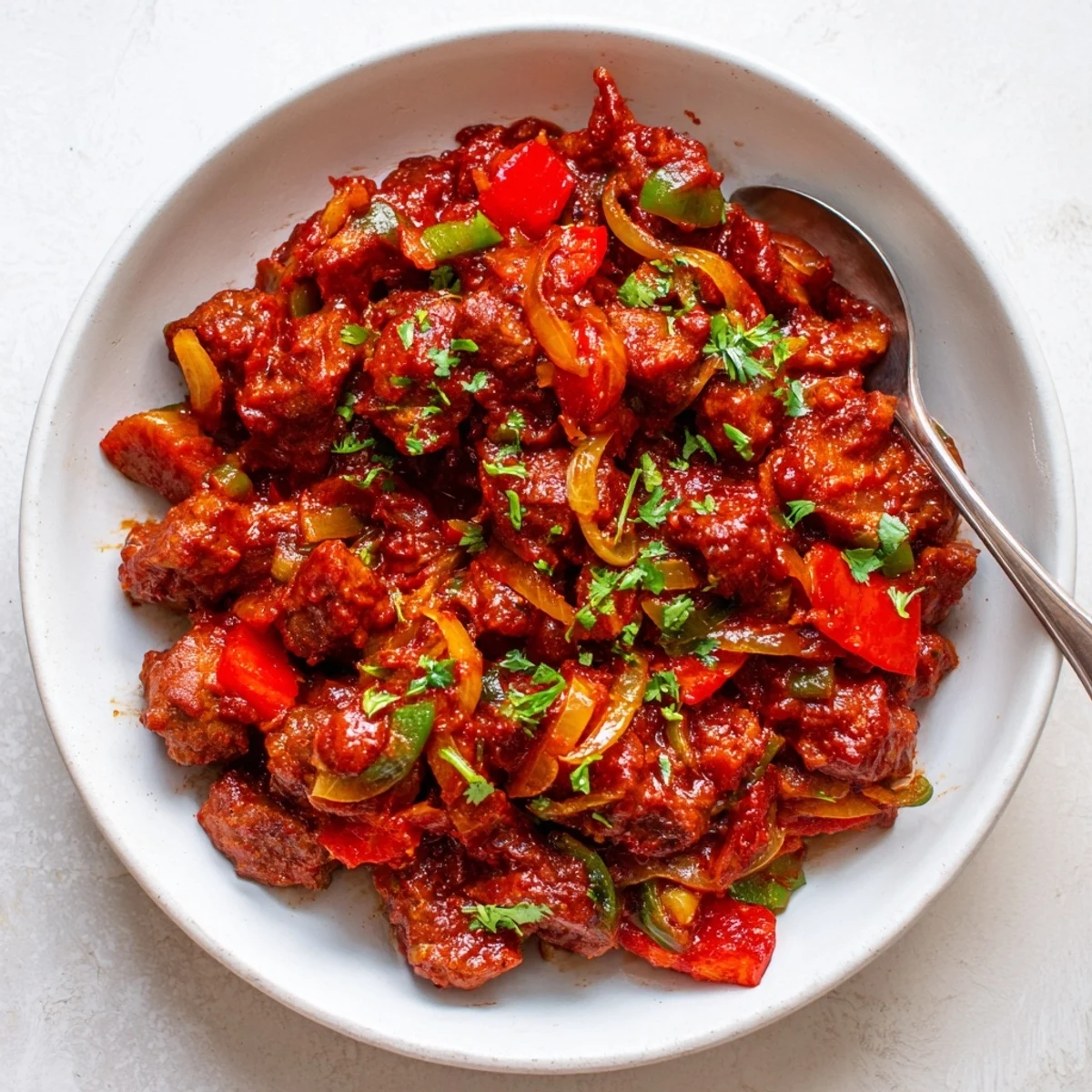 Tender goat meat pieces simmered in rich tomato sauce with aromatic spices for Kenyan goat wet fry