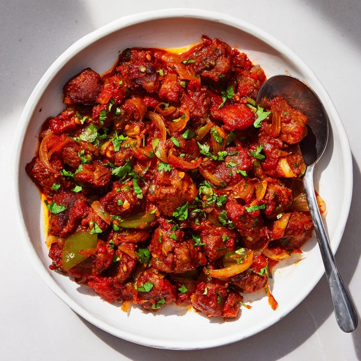 Glossy Kenyan goat wet fry served hot with fresh cilantro garnish over steaming white rice