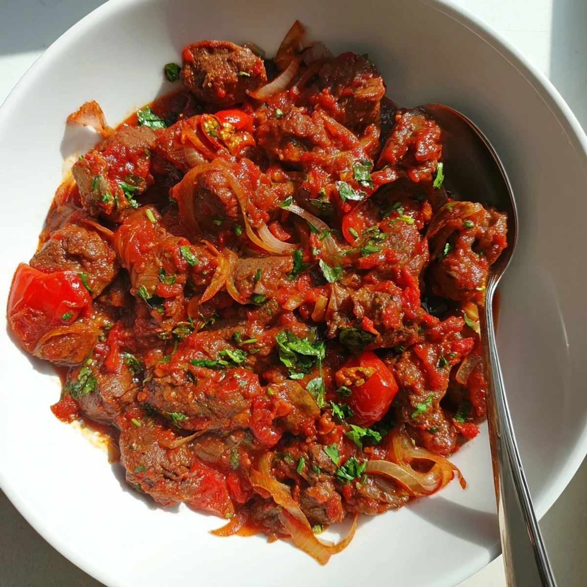 Savory Kenyan goat wet fry featuring tender meat in thick, spiced tomato onion gravy