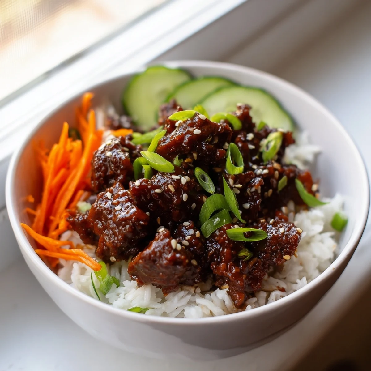 Viral Ground Beef Hot Honey Bowl featuring glossy glazed meat over fluffy white rice with colorful fresh vegetable toppings