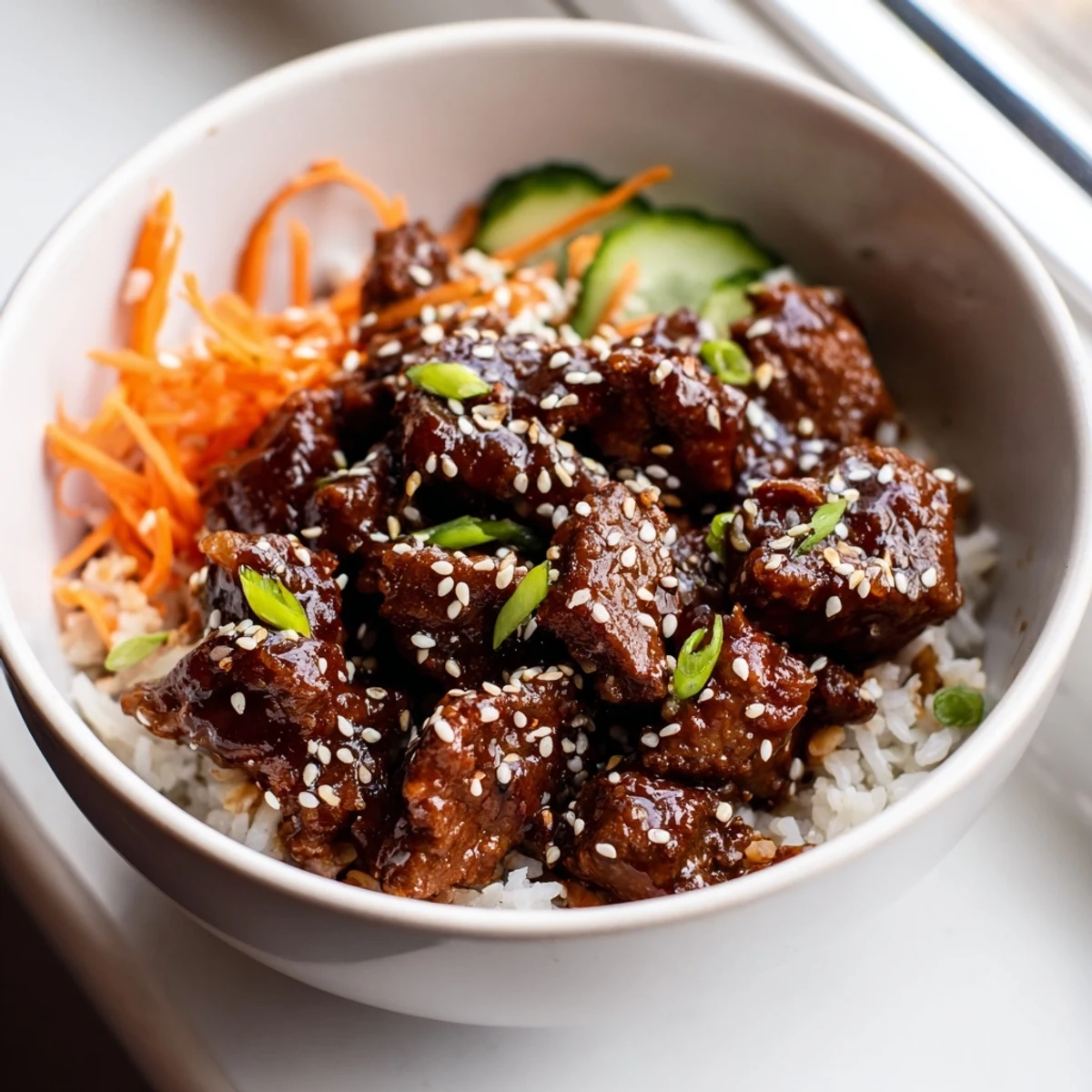 Spicy sweet hot honey glazed ground beef bowl served over steaming rice with crisp cucumbers and shredded carrots