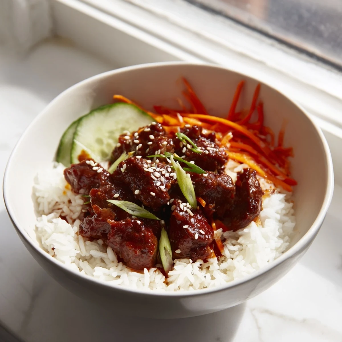Ground beef hot honey bowl arranged in layers with tender meat glazed in sweet spicy sauce atop rice